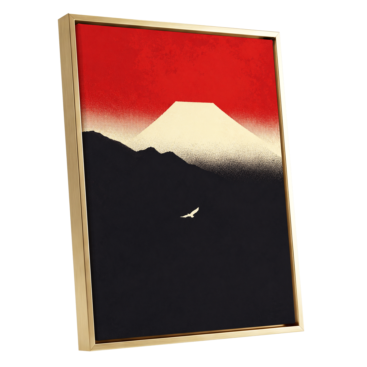 Flight Beneath a Pale Peak, red, black, beige nature wall art shown as a gold framed canvas wall art