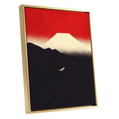 Flight Beneath a Pale Peak, red, black, beige nature wall art shown as a gold framed canvas wall art
