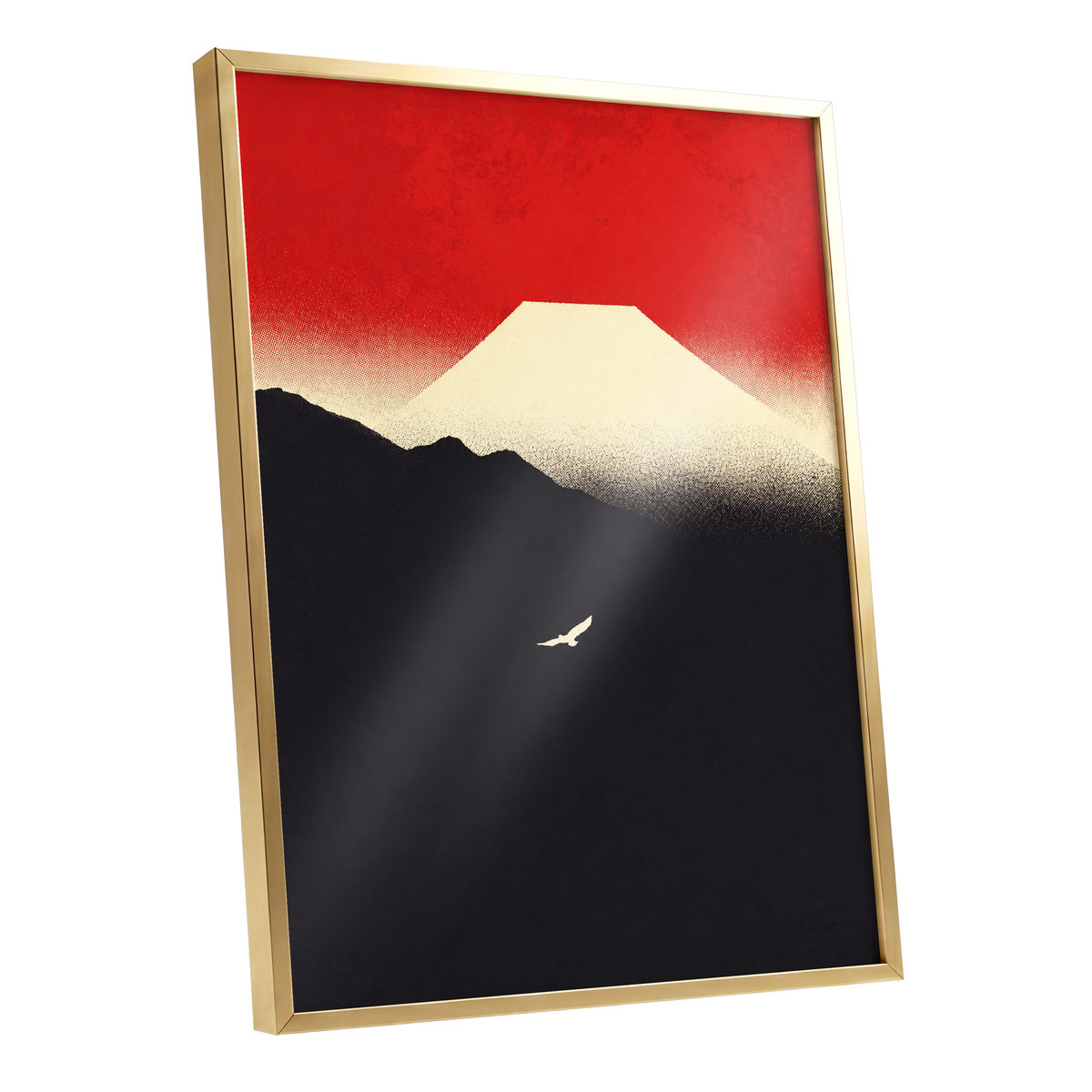 Flight Beneath a Pale Peak, red, black, beige nature wall art shown as a gold framed poster wall art print