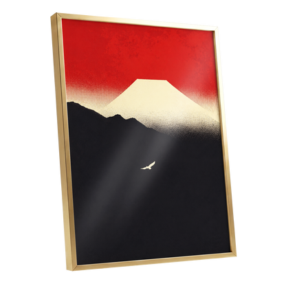 Flight Beneath a Pale Peak, red, black, beige nature wall art shown as a gold framed poster wall art print