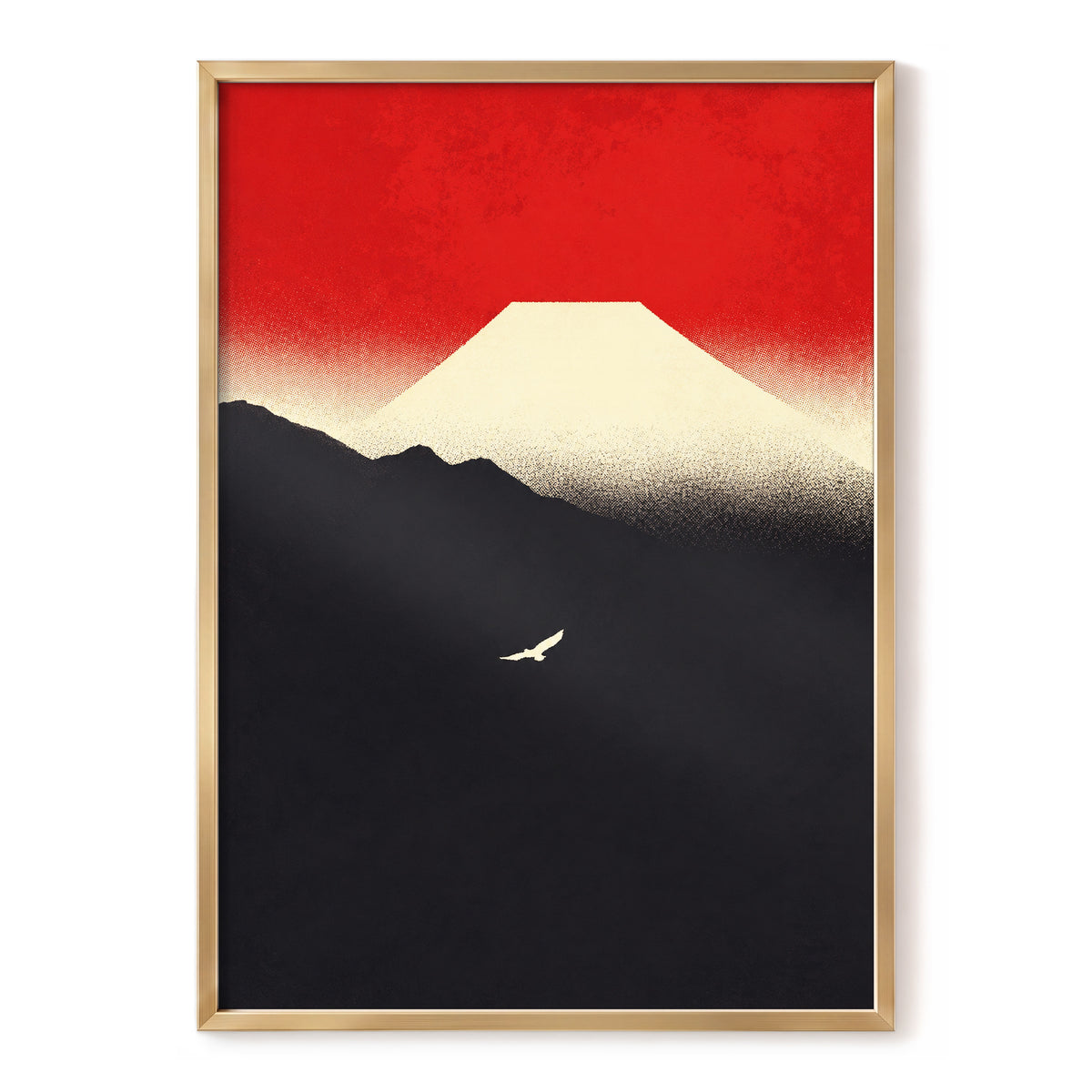 Flight Beneath a Pale Peak, red, black, beige nature wall art, front artwork view