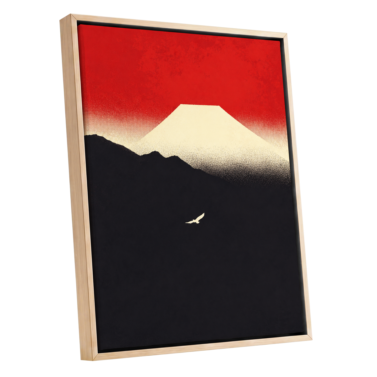 Flight Beneath a Pale Peak, red, black, beige nature wall art shown as a oak framed canvas wall art