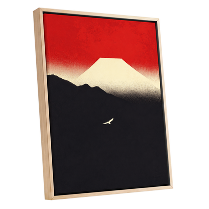 Flight Beneath a Pale Peak, red, black, beige nature wall art shown as a oak framed canvas wall art
