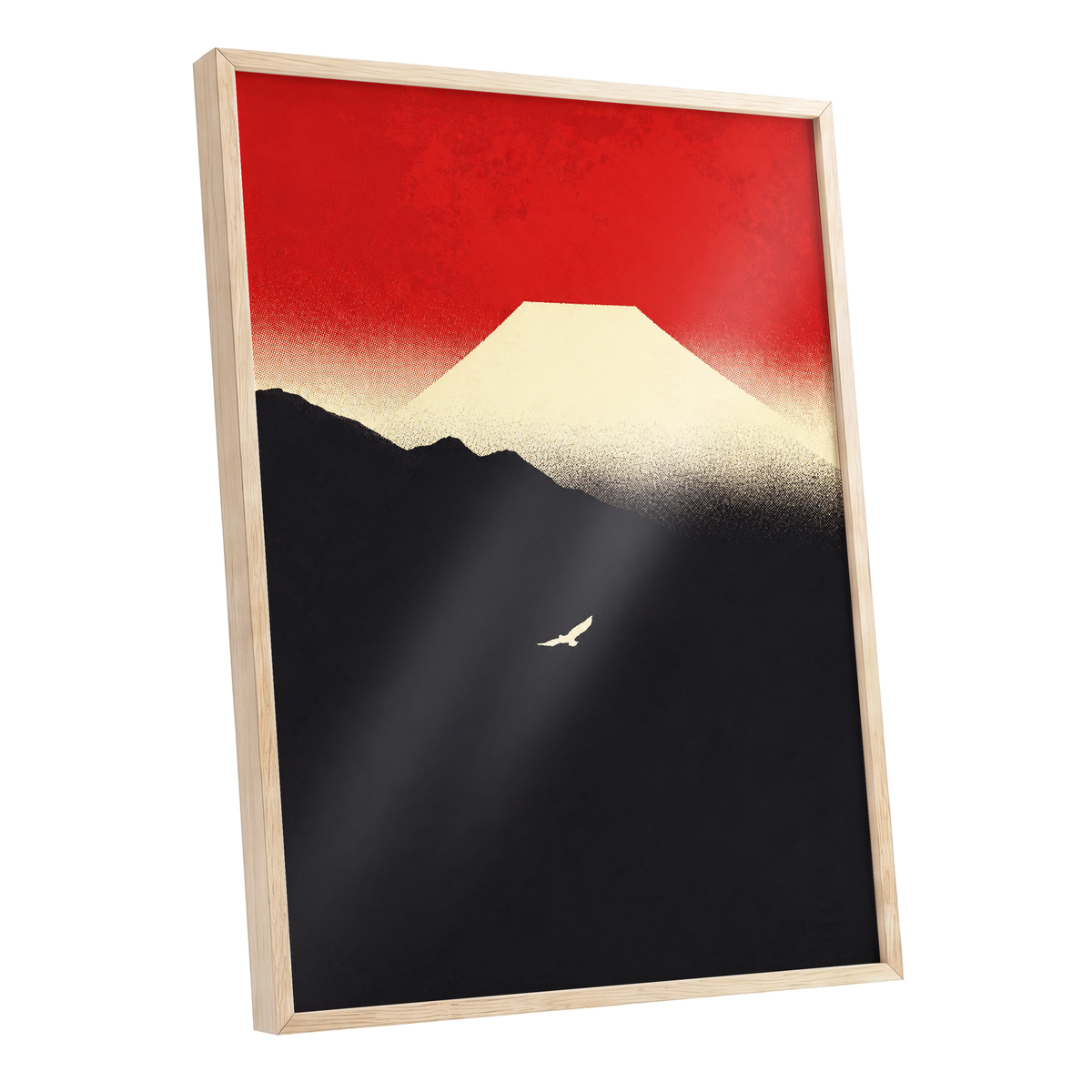 Flight Beneath a Pale Peak, red, black, beige nature wall art shown as a oak framed poster wall art print