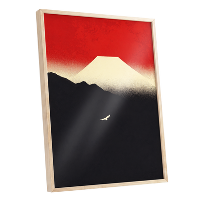Flight Beneath a Pale Peak, red, black, beige nature wall art shown as a oak framed poster wall art print