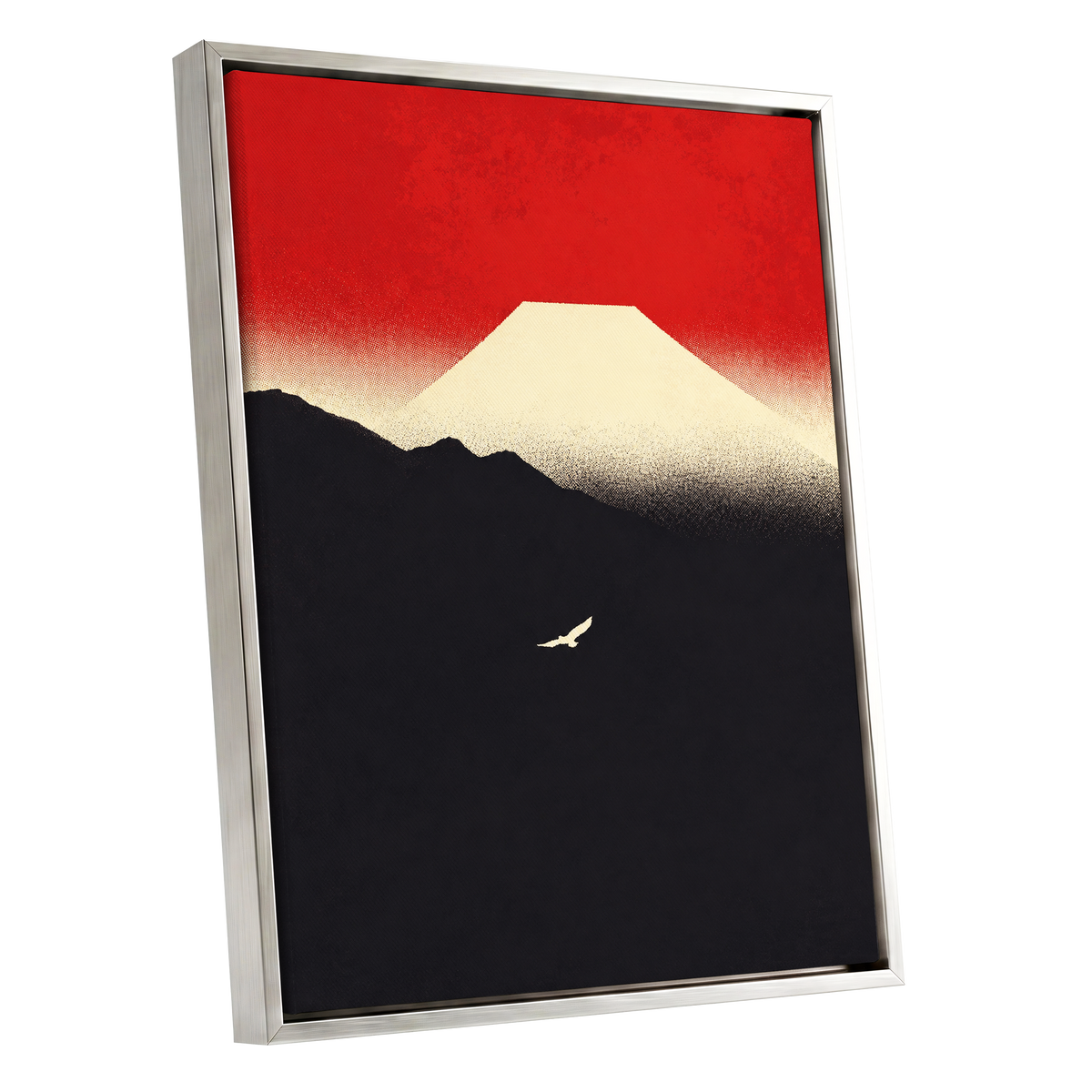 Flight Beneath a Pale Peak, red, black, beige nature wall art shown as a silver framed canvas wall art