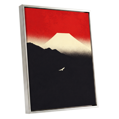 Flight Beneath a Pale Peak, red, black, beige nature wall art shown as a silver framed canvas wall art