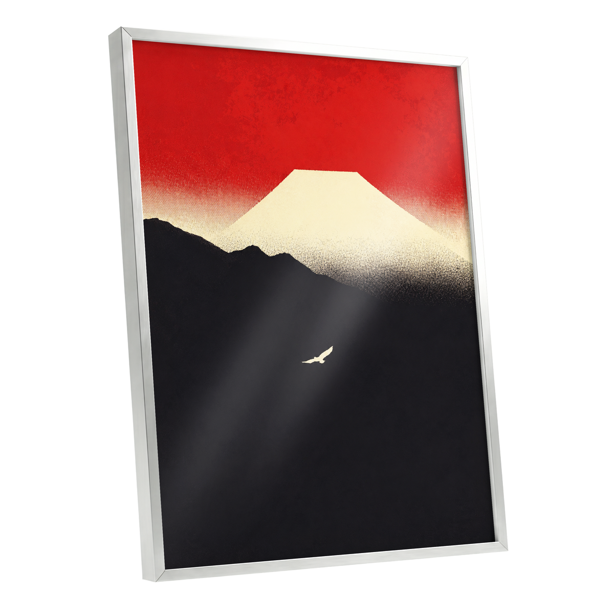 Flight Beneath a Pale Peak, red, black, beige nature wall art shown as a silver framed poster wall art print