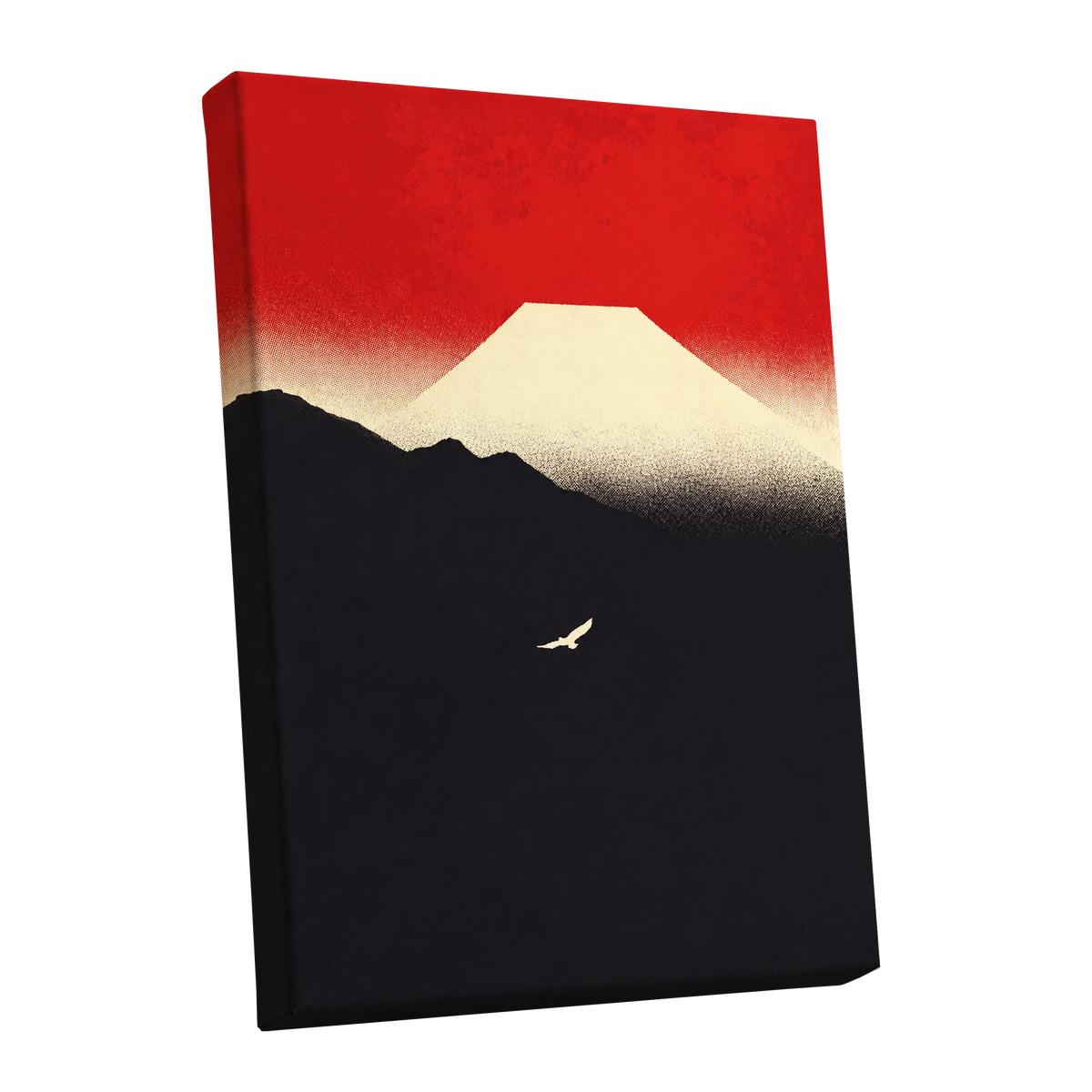 Flight Beneath a Pale Peak, red, black, beige nature wall art shown as a stretched canvas wall art