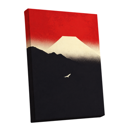 Flight Beneath a Pale Peak, red, black, beige nature wall art shown as a stretched canvas wall art