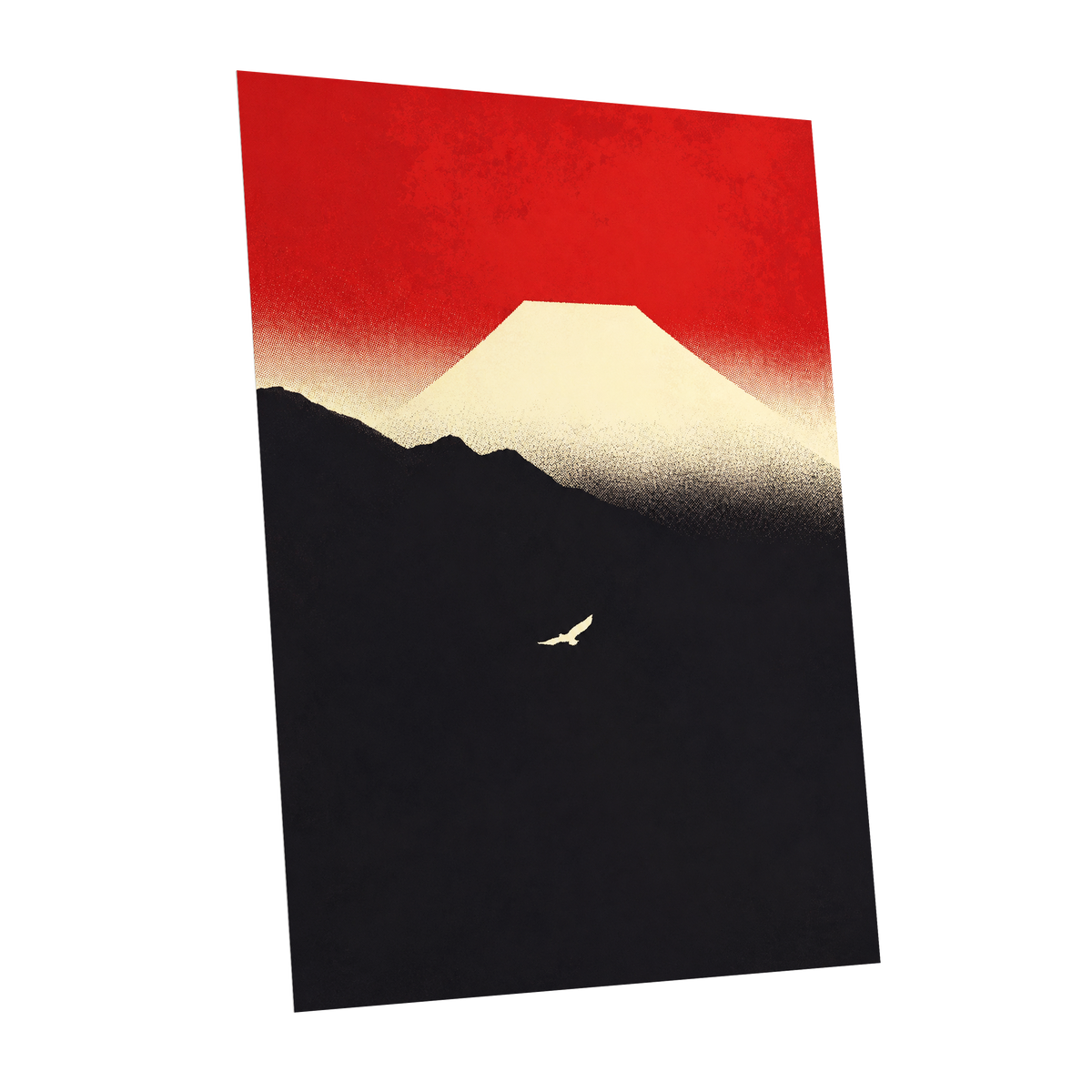 Flight Beneath a Pale Peak, red, black, beige nature wall art shown as a unframed poster wall art print