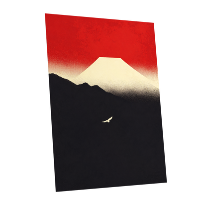 Flight Beneath a Pale Peak, red, black, beige nature wall art shown as a unframed poster wall art print