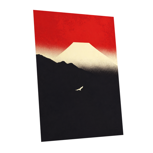 Flight Beneath a Pale Peak, red, black, beige nature wall art shown as a unframed poster wall art print