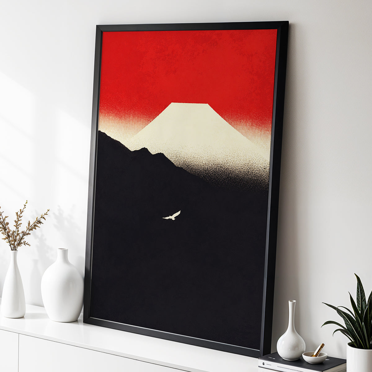 Flight Beneath a Pale Peak, red, black, beige nature wall art displayed in a styled interior, gallery view 2