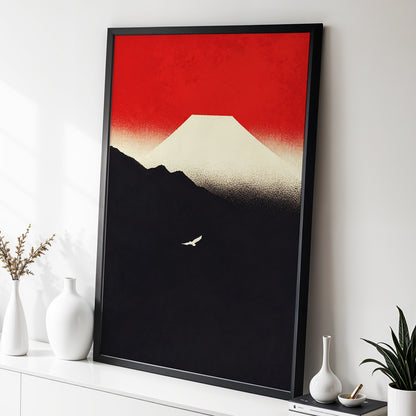 Flight Beneath a Pale Peak, red, black, beige nature wall art displayed in a styled interior, gallery view 2