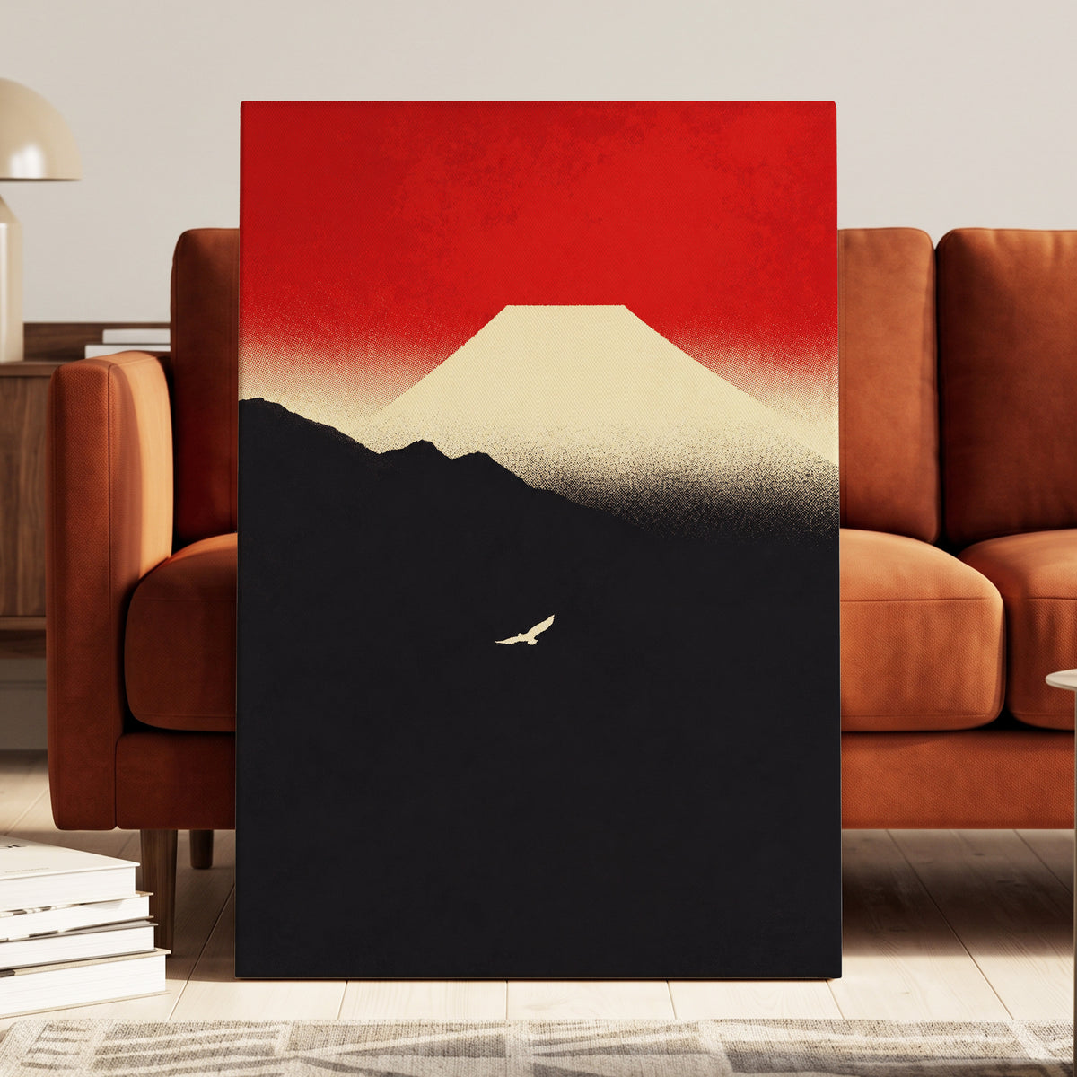 Flight Beneath a Pale Peak, red, black, beige nature wall art displayed in a styled interior, gallery view 3
