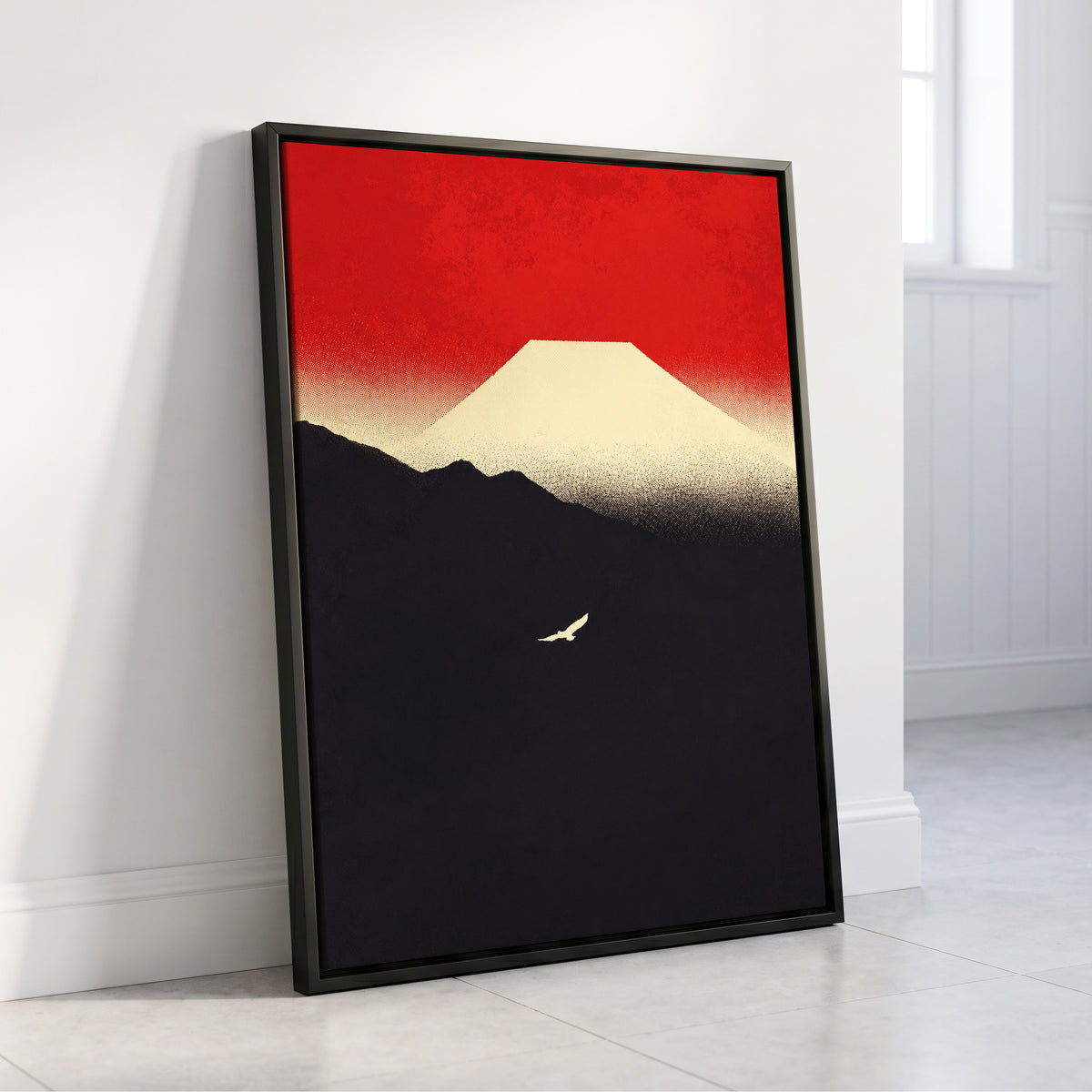 Flight Beneath a Pale Peak, red, black, beige nature wall art displayed in a styled interior, gallery view 4