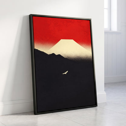 Flight Beneath a Pale Peak, red, black, beige nature wall art displayed in a styled interior, gallery view 4