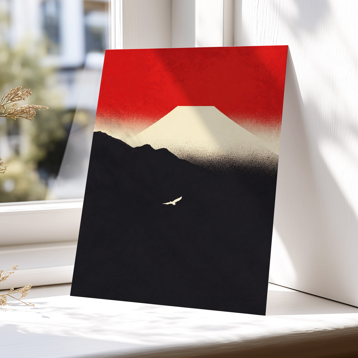 Flight Beneath a Pale Peak, red, black, beige nature wall art displayed in a styled interior, gallery view 5