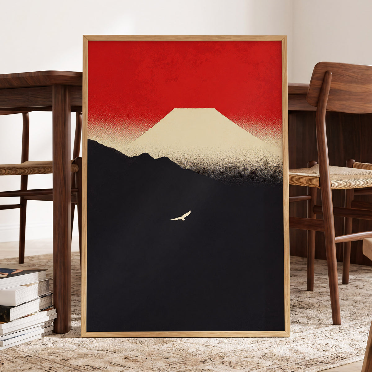 Flight Beneath a Pale Peak, red, black, beige nature wall art displayed in a styled interior, gallery view 6