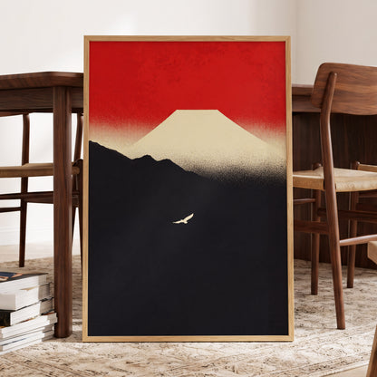 Flight Beneath a Pale Peak, red, black, beige nature wall art displayed in a styled interior, gallery view 6