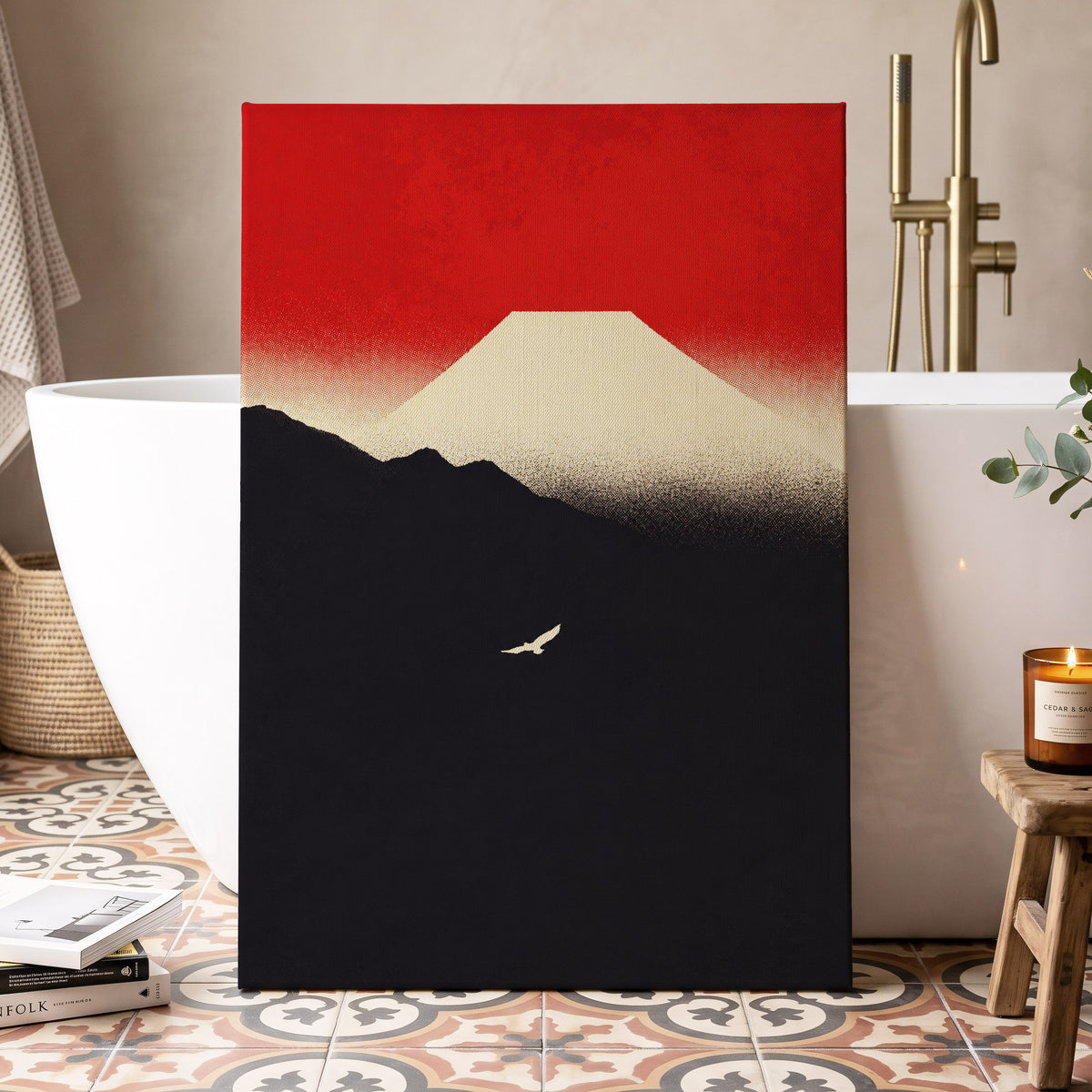 Flight Beneath a Pale Peak, red, black, beige nature wall art displayed in a styled interior, gallery view 7