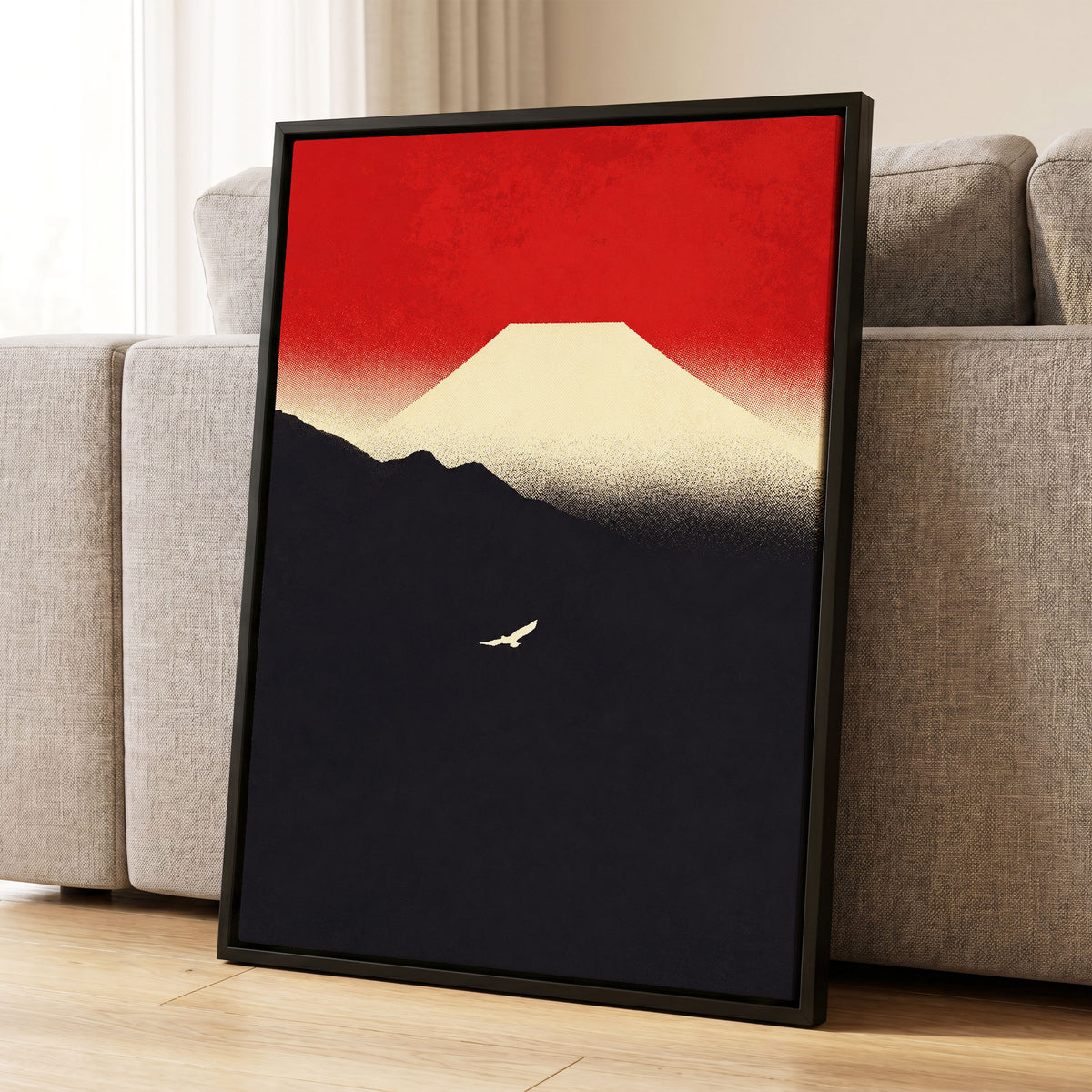 Flight Beneath a Pale Peak, red, black, beige nature wall art displayed in a styled interior, gallery view 8