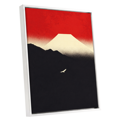 Flight Beneath a Pale Peak, red, black, beige nature wall art shown as a white framed canvas wall art