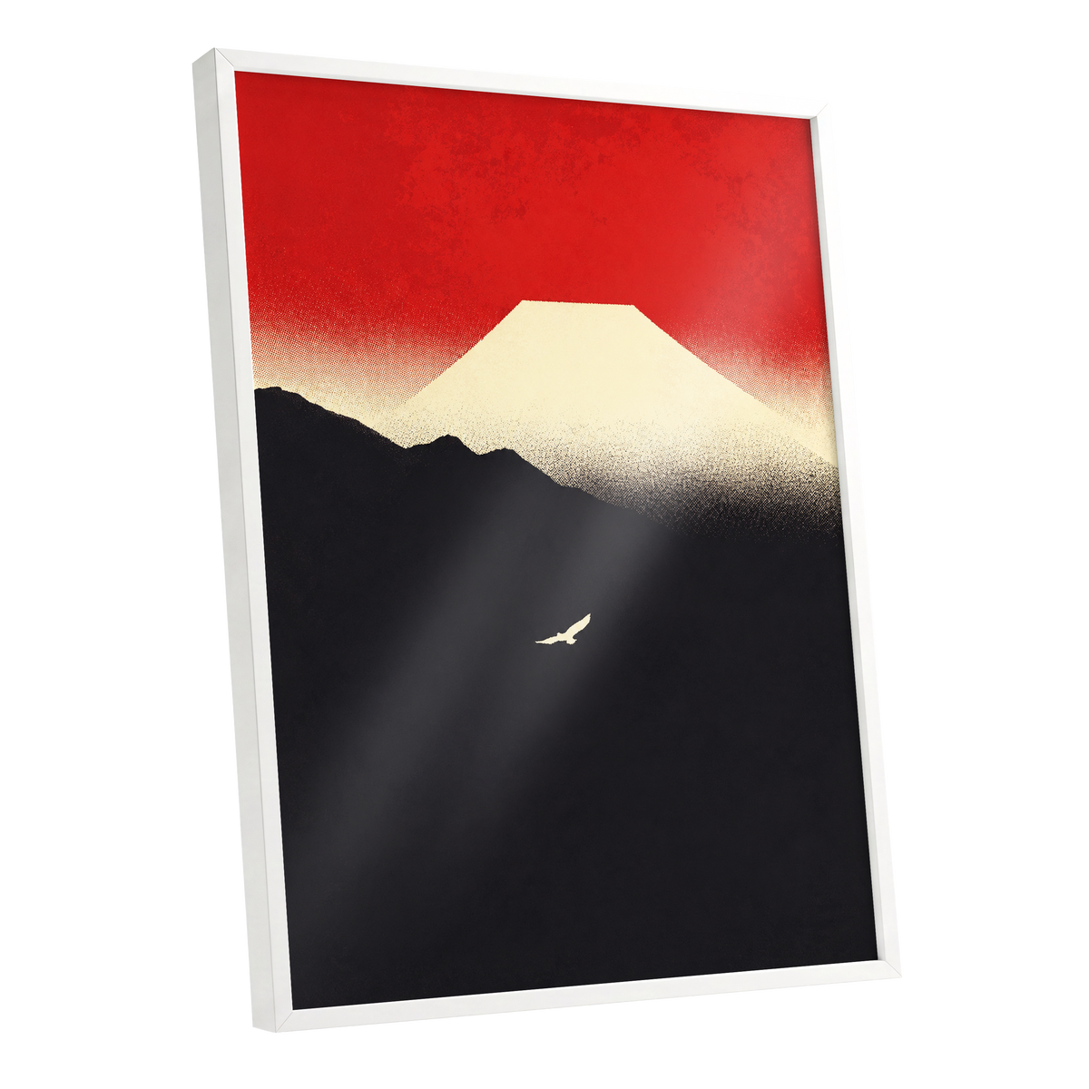 Flight Beneath a Pale Peak, red, black, beige nature wall art shown as a white framed poster wall art print