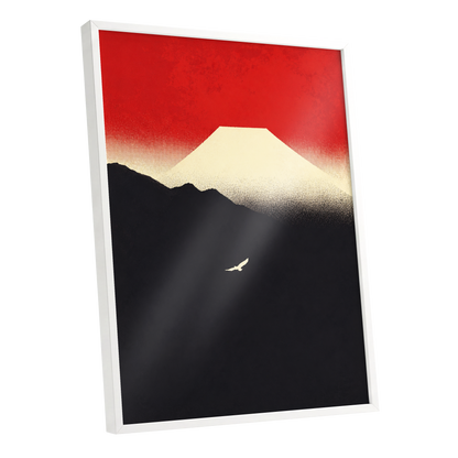 Flight Beneath a Pale Peak, red, black, beige nature wall art shown as a white framed poster wall art print