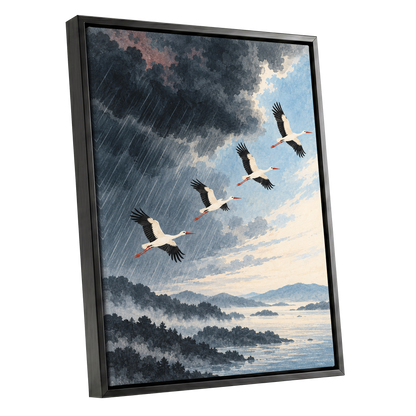 Flight Beyond the Storm, blue, gray, black nature wall art shown as a black framed canvas wall art