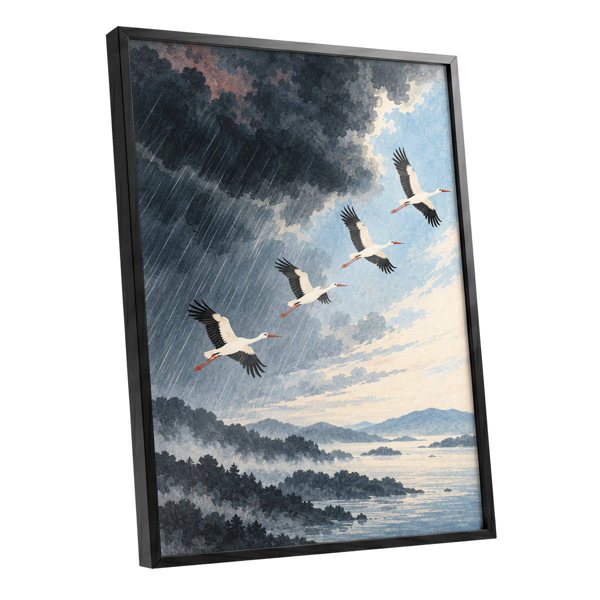 Flight Beyond the Storm, blue, gray, black nature wall art shown as a black framed poster wall art print