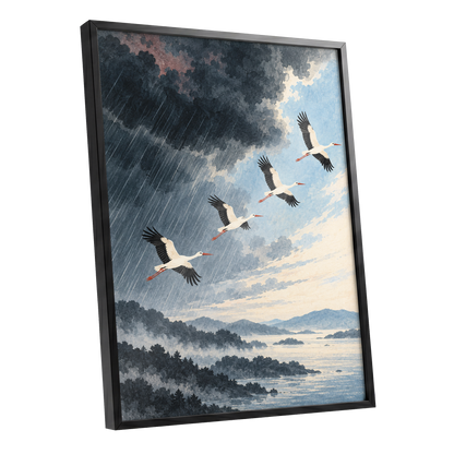 Flight Beyond the Storm, blue, gray, black nature wall art shown as a black framed poster wall art print