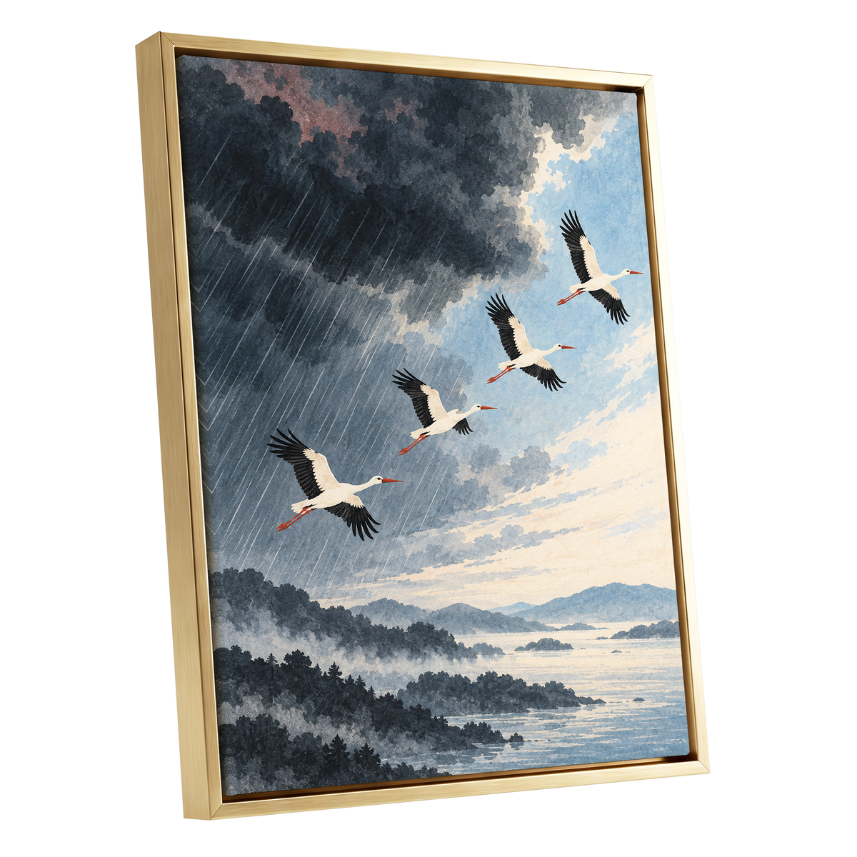 Flight Beyond the Storm, blue, gray, black nature wall art shown as a gold framed canvas wall art