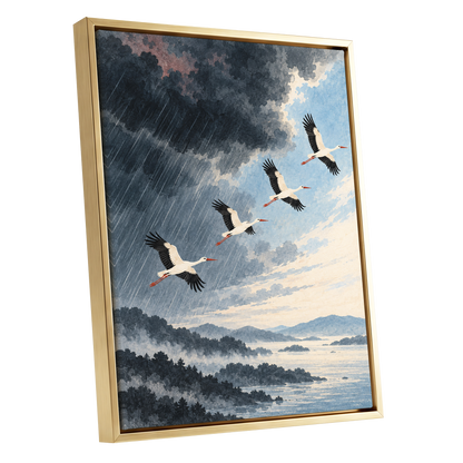 Flight Beyond the Storm, blue, gray, black nature wall art shown as a gold framed canvas wall art