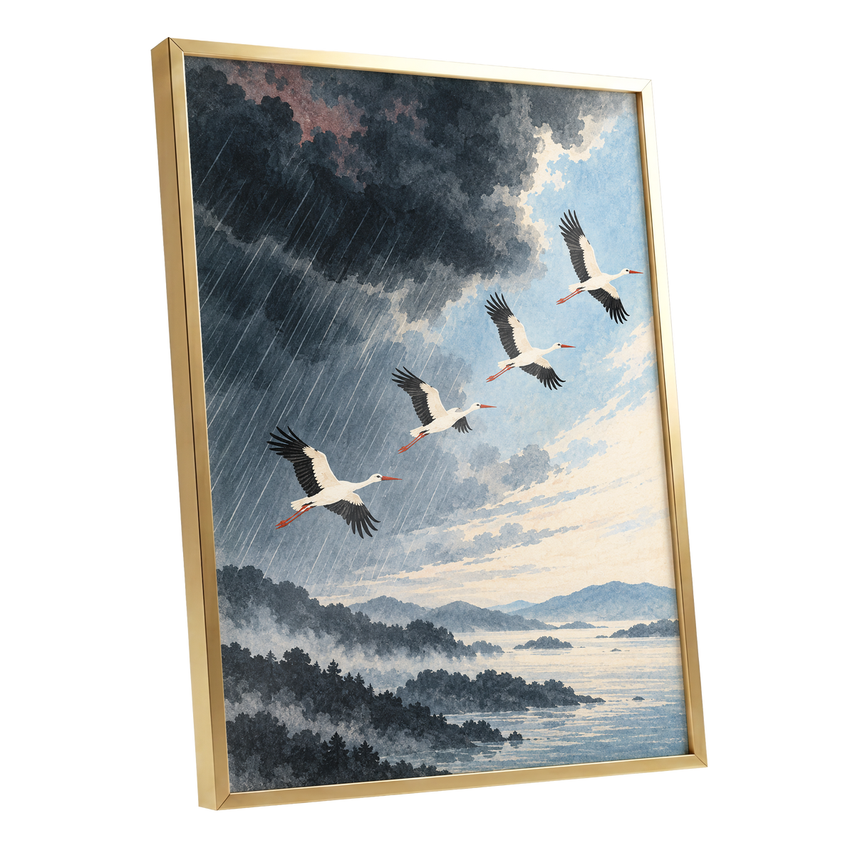 Flight Beyond the Storm, blue, gray, black nature wall art shown as a gold framed poster wall art print