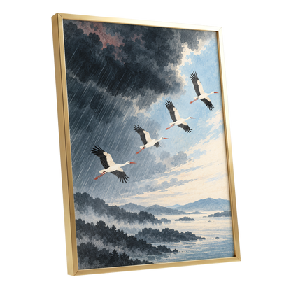 Flight Beyond the Storm, blue, gray, black nature wall art shown as a gold framed poster wall art print