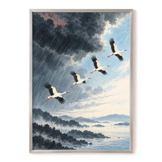 Flight Beyond the Storm, blue, gray, black nature wall art, front artwork view