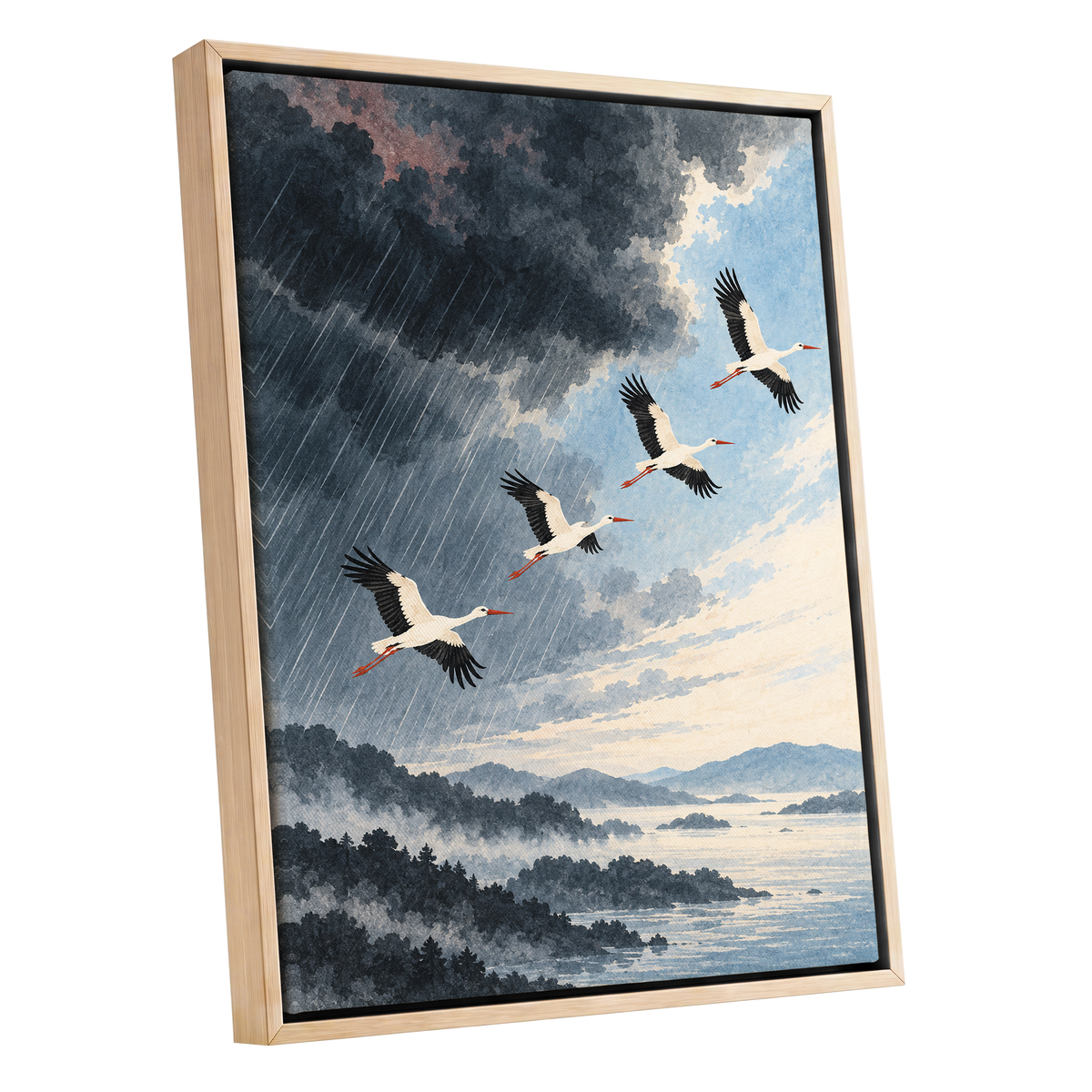 Flight Beyond the Storm, blue, gray, black nature wall art shown as a oak framed canvas wall art