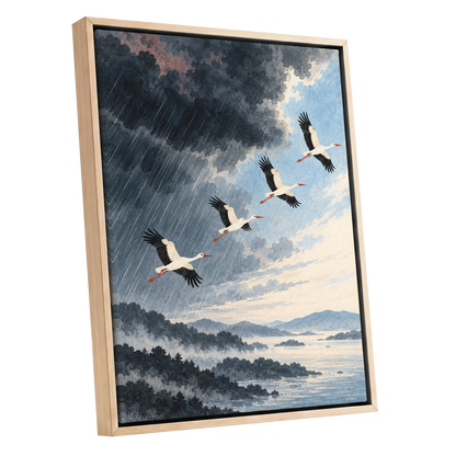 Flight Beyond the Storm, blue, gray, black nature wall art shown as a oak framed canvas wall art