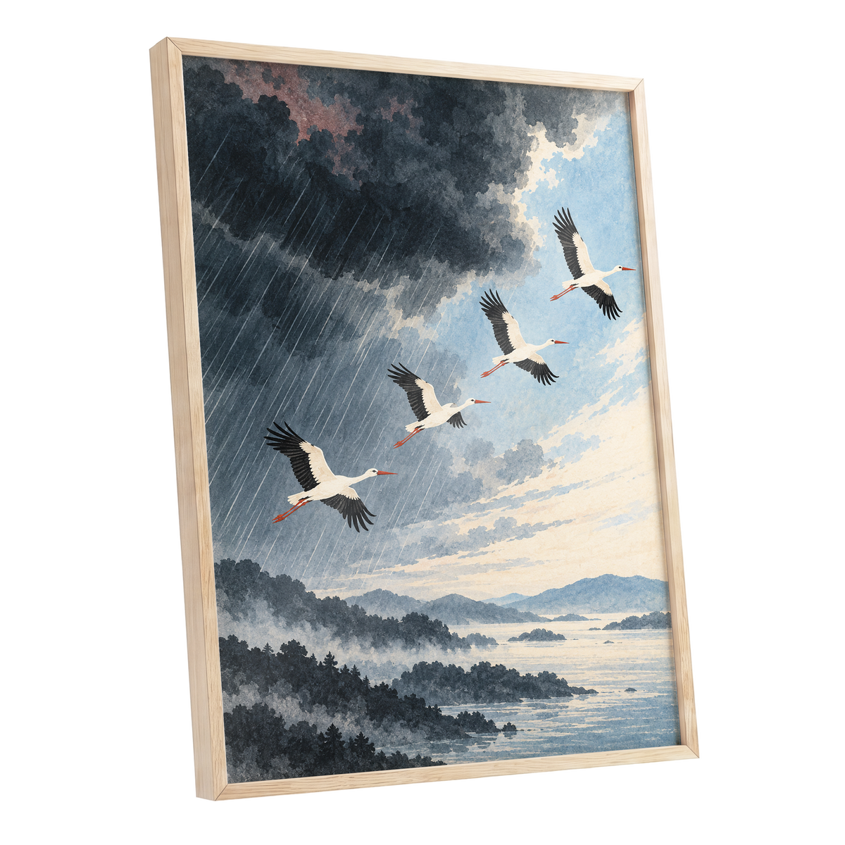 Flight Beyond the Storm, blue, gray, black nature wall art shown as a oak framed poster wall art print