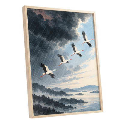 Flight Beyond the Storm, blue, gray, black nature wall art shown as a oak framed poster wall art print