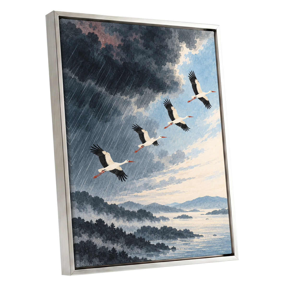 Flight Beyond the Storm, blue, gray, black nature wall art shown as a silver framed canvas wall art