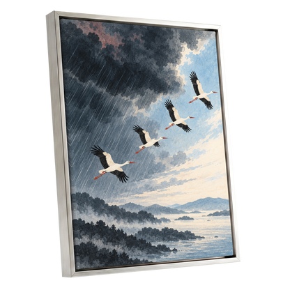 Flight Beyond the Storm, blue, gray, black nature wall art shown as a silver framed canvas wall art