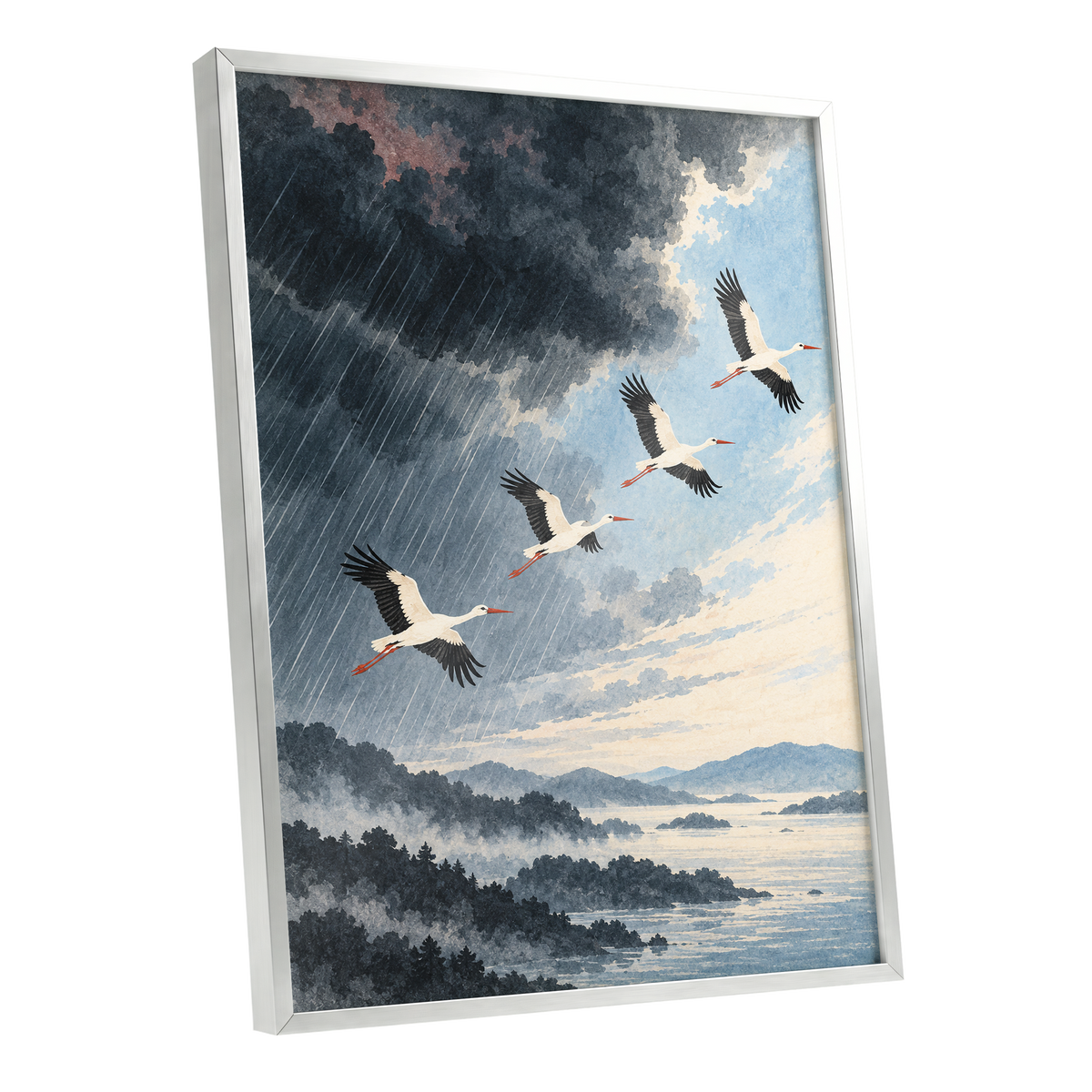 Flight Beyond the Storm, blue, gray, black nature wall art shown as a silver framed poster wall art print
