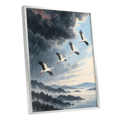 Flight Beyond the Storm, blue, gray, black nature wall art shown as a silver framed poster wall art print