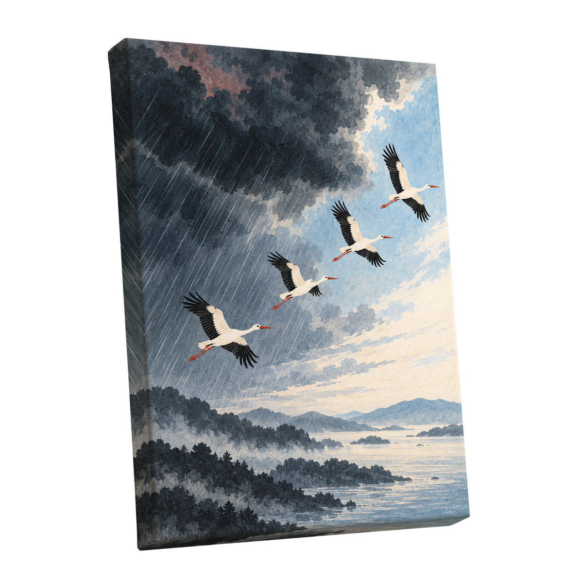 Flight Beyond the Storm, blue, gray, black nature wall art shown as a stretched canvas wall art