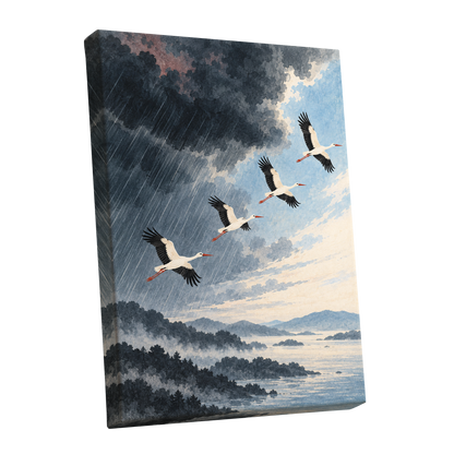 Flight Beyond the Storm, blue, gray, black nature wall art shown as a stretched canvas wall art