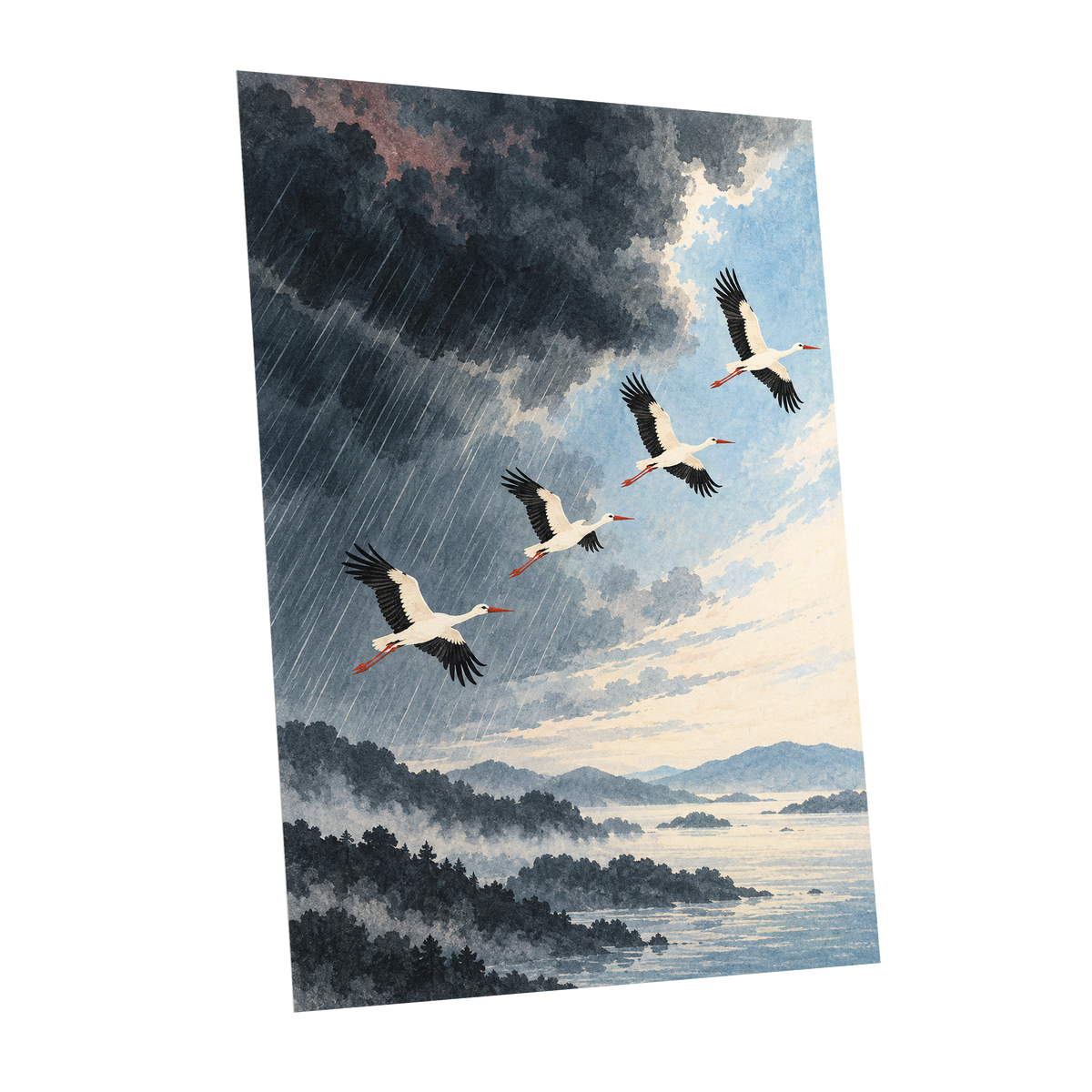 Flight Beyond the Storm, blue, gray, black nature wall art shown as a unframed poster wall art print