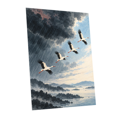 Flight Beyond the Storm, blue, gray, black nature wall art shown as a unframed poster wall art print